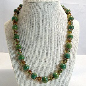 Green Ceramic & Two Tone Czech Glass Necklace Adj